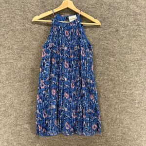 Raxe Editions Dress Women 12 Blue Floral Shift Midi Pleated Sleeveless Lined